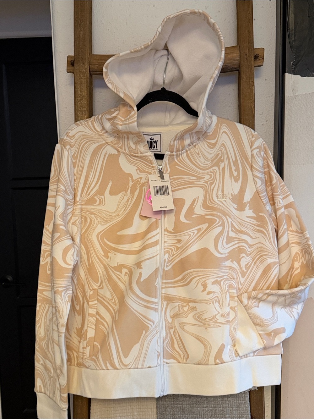 Juicy Couture Cream and White Marble-Print Zip Hoodie